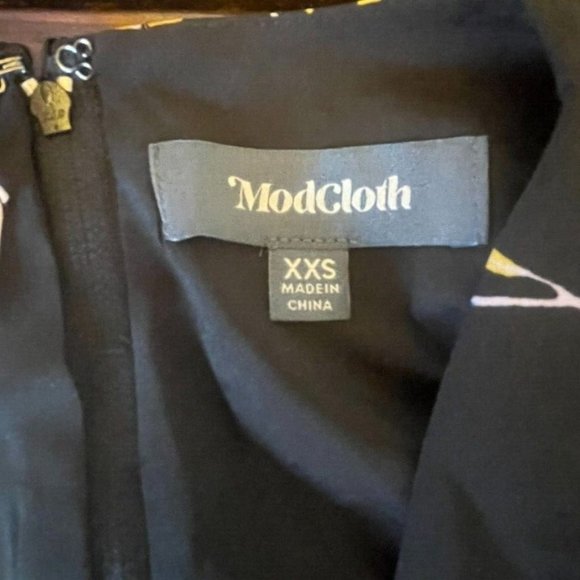 Modcloth Yellow Purple Black Floral Faux Wrap A Line Midi Dress Women's Size XXS - Picture 10 of 11